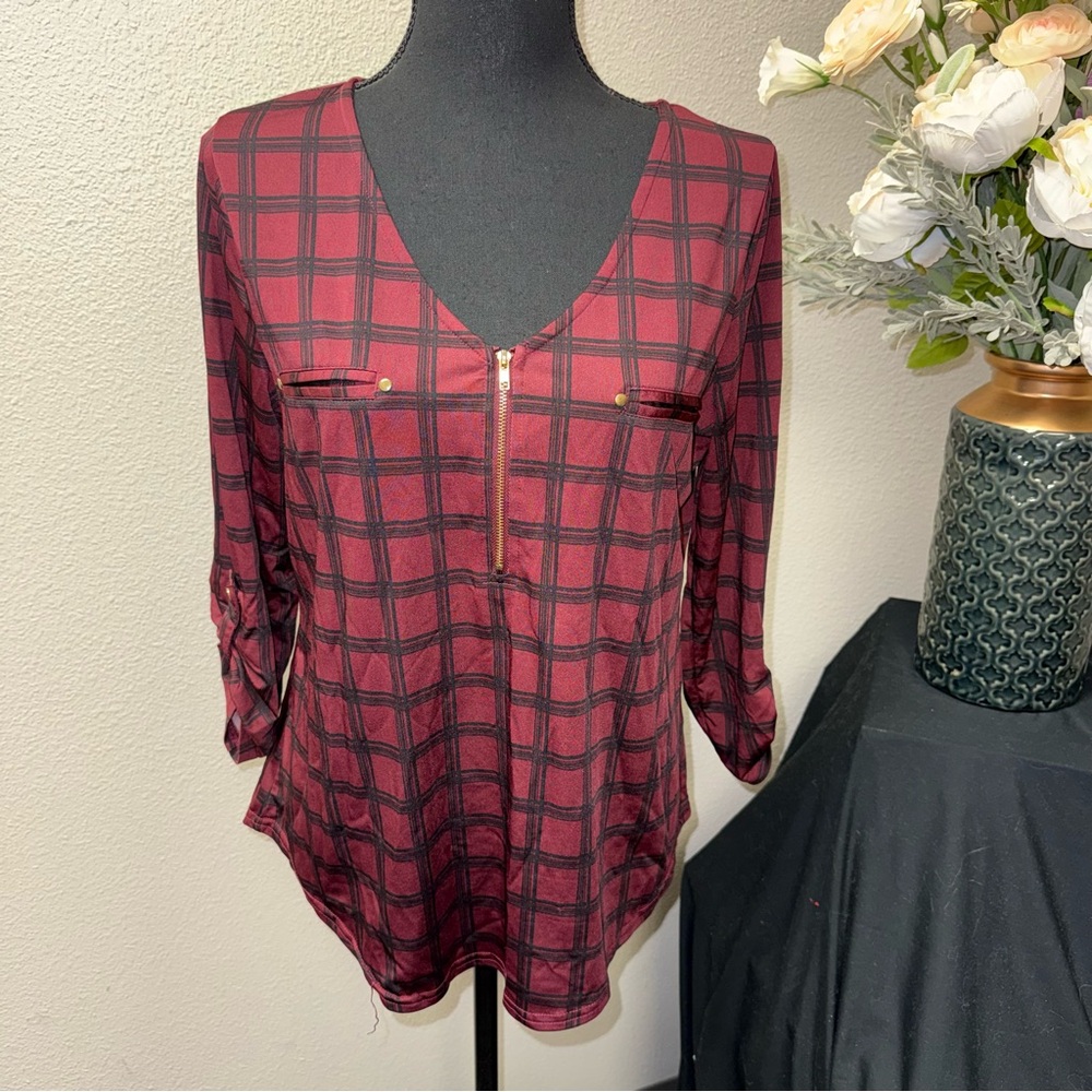 The Workshop Burgundy Plaid Zip Front V-Neck Blouse Top L